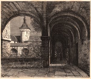 Vista del claustro de la abadía de Solesmes desde la galería, Sarthe, Francia de Unknown