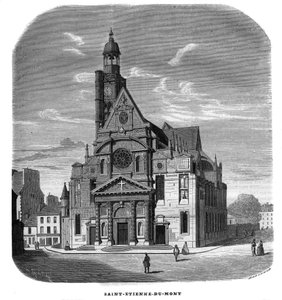 Vista de la fachada de la iglesia de Saint-Etienne-du-Mont, Place Sainte-Genevieve en París en el 5º arrondissement en 1858.