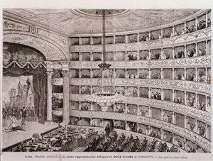 Vista de la primera representación de la ópera El duque de Alba, en el Teatro Apollo, Roma de Unknown artist
