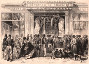 Vista del frente de una carnicería de carne de caballo en París, Francia