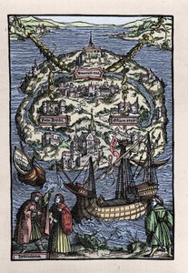Vista de la isla de Utopía del libro de Thomas More (1478-1535), 