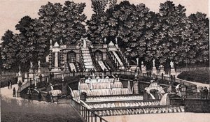 Vista de la gran cascada en el parque de Saint-Cloud, Francia. en "El mundo ilustra 168 vistas" Sin fecha (finales del siglo XIX) de Unknown artist
