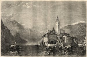 Vista del monasterio Mater Ecclesiae en la isla de San Julio en el lago Orta en Italia. Grabado después de una pintura de William Collingwood Smith (1815-1887). En “The Illustrated London News” del 22 de marzo de Unknown artist