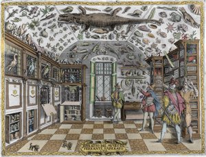 Vista del museo (gabinete) de curiosidades (museo enciclopédico) del farmacéutico Ferrante Imperato (1550 - 1631). Grabado de 1678. Museo del boticario napolitano Ferrante Imperato. de Unknown artist