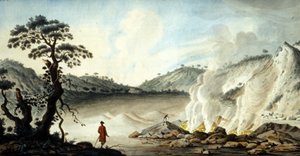 Vista de la solfatara, terreno volcánico que emana vapores calientes y gases de azufre. Pozzuoli cerca de Nápoles. Siglo XIX de Unknown artist