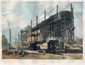 Vista de la popa del transatlántico "Great Eastern" (Leviathan) en construcción en el astillero del Támesis en Londres. Grabado en "The Illustrated London News" del 7 de noviembre de 1857.