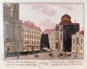 Vista del teatro y el patio hacia el picadero imperial en Viena, Austria. Grabado de 1815 Colección privada