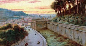 Vista de las murallas del viale Vaticano entre el Estado de la Ciudad del Vaticano y Roma, Italia Cromolitografía de la década de 1930 Colección privada de Unknown Artist