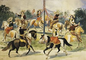 Cartel de época de jinetes rodeando un palo de mayo con cintas (litografía en color) de Unknown Artist