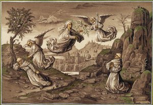 Visión de San Francisco de Asís, acuarela de Nordmann (San Francisco ve en un sueño el milagro del ángel que arroja sobre la tierra culpable ramas de fuego que Nuestra Señora apaga en sus manos) - en "San Francisco de Asís"