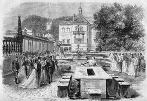 Visita del Emperador Francisco José (1830-1916) y la Emperatriz Isabel de Austria (Sissi) (1837-1898) con Eugenia (1826-1920), Emperatriz de los Franceses y Napoleón III a la residencia imperial de Hellbrunn en Austria el 21 de agosto de Unknown artist
