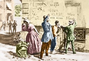 Viva Verdi: Inscripciones entusiastas para Giuseppe Verdi en Nápoles (reino de las dos Sicilias) bajo la ocupación austriaca en 1859, tras la prohibición de su ópera “Un Ballo in maschera” (V.E.R.D.I. = Vittorio Emanuele Re d