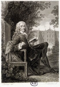 Voltaire leyendo en un parque - grabado de Unknown artist