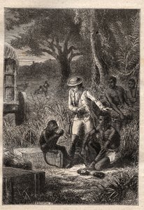 Viaje a la Cafrería (Sudáfrica) (1781) de François Levaillant (Le Vaillant) (1753-1824): Levaillant y su mono degustador Maître Kees, que prueba las frutas y raíces para verificar que son comestibles - ilustración tomada de “Los grandes marineros del siglo de Unknown artist