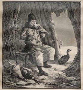 Viajes de Charles Rabot (1856-1944): Ostiak (Khanty o Khante) de Siberia comiendo pescado - Grabado en "La Science française"