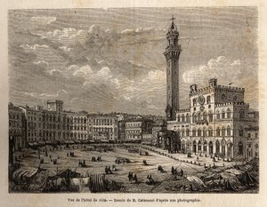 Vista de la plaza del ayuntamiento de Siena, grabado para ilustrar un viaje a Siena (Italia) en 1865, en “Le tour du monde, nouveau journal des voyages” publicado bajo la dirección de Edouard Charton de Unknown artist