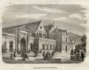 Vista del Conservatorio de Artes y Oficios (Cnam) en París, rue Saint Martin en París - (Vista del Conservatorio de las artes y oficios en París - grabado en “Diccionario popular ilustre” - 1864 - por Joseph Decembre y Edmond Allonier