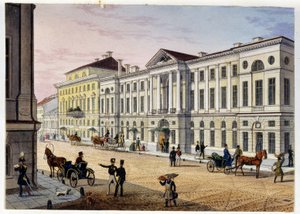 Vista exterior del Hotel des Postes de San Petersburgo (Álbum de Marie Taglioni) (Post Hotel en San Petersburgo (Álbum de Marie Taglioni). Aguafuerte y acuarela anónimos, década de 1840. Moscú, Museo Estatal de A.S. Pushkin.