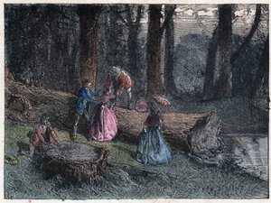 Caminantes intentan calcular la edad de un roble muerto estudiando el tronco del árbol. Grabado de finales del siglo XIX. de Unknown artist