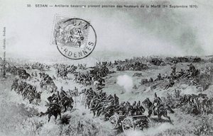 Guerra de 1870: Artillería bávara tomando posición desde las alturas de Marfe en las Ardenas el 01/09/1870. Grabado de 1870 de Unknown artist