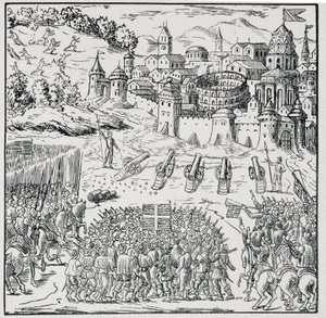 Guerra de Religiones: La ciudad de Nîmes sitiada por el Ejército del Rey (Enrique III) en 1576 - en Colección de 39 figuras que representan las calamidades de Francia de 1562 a 1586, Louis Perrin imprimerie de Unknown artist