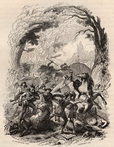 Guerra de las Galias: Batalla de Aduatuca entre el pueblo belga de los eburones y el ejército romano. Derrota de Quintus Titurius Sabinus y Lucius Aurunculeius Cotta en 54 a.C. Grabado de 1868 en “Histoire de Belgique desde tiempos primitivos hasta el fina de Unknown artist
