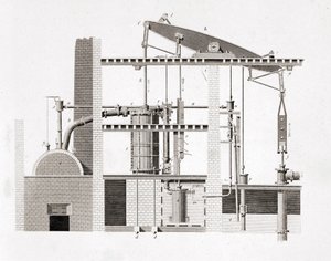 Máquina de vapor de Watt. Esquema. Grabado del siglo XIX de Unknown artist