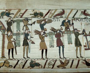 Armas y vino son llevados a los barcos durante el reabastecimiento para la conquista de Inglaterra por las flotas de Guillermo el Conquistador en 1066. Detalle del tapiz de Bayeux o Bordado de la Reina Matilde. de Unknown artist