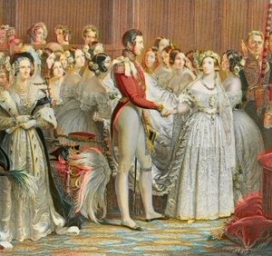 Boda de la Reina Victoria con el Príncipe Alberto de Sajonia Coburgo Gotha en el Palacio de Saint James en Londres el 10 de febrero de 1840 (grabado) de Unknown artist