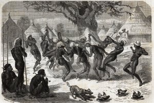 Danza de bienvenida por las mujeres de la tribu, al regreso de Baker y su esposa del Lago Alberto (Albert Nyanza). Grabado para ilustrar el viaje al lago Alberto, en 1861-1864, de Sir Samuel White Baker, en “Le tour du monde, nouveau journal des voyages de Unknown artist