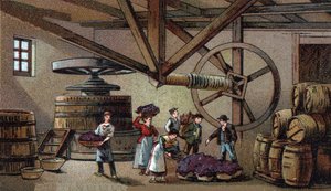 Producción de vino: prensa de vino del hospicio de Beaune (clos vougeot). Cromolitografía de finales del siglo XIX