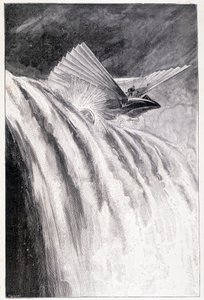 Vehículo alado cruzando una cascada, il. "El Amo del Mundo", Jules Verne, finales del siglo XIX