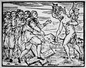 Brujería: el diablo y los hombres caminando sobre la cruz católica - grabado