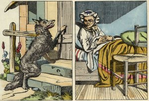 El lobo llama a la puerta de la abuela. Ilustración del cuento "Caperucita Roja" de Charles Perrault