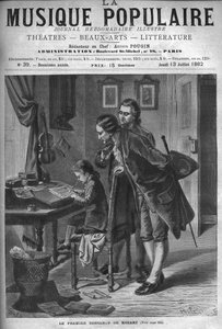 Wolfang Amadeus Mozart escribiendo un concierto para clavecín en presencia de su padre Leopold y Andreas Schachtner en 1762 - grabado en “Música Popular” periódico semanal ilustrado - 1882 de Unknown artist