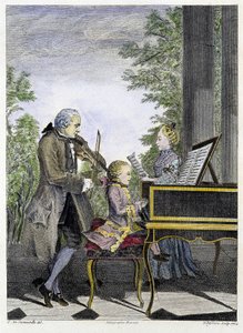 Wolfgang Amadeus Mozart niño en el piano rodeado por su padre Leopold en el violín y su hermana Marianne cantando - grabado de Unknown artist
