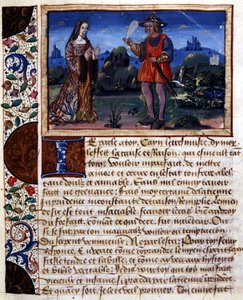 Mujer y hombre en paisaje - iluminación, en "Libro de pudens e impudens de las edades pasadas" por Catherine d