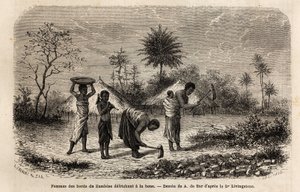 Mujeres de las orillas del Zambeze desbrozando con una azada e introduciendo a los niños en el trabajo agrícola. Grabado para ilustrar los primeros viajes del Dr. Livingstone al sur de África de 1840 a 1856, en 