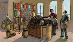 Industria de la lana, peinado. Cromolitografía de finales del siglo XIX de Unknown artist
