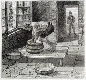 Trabajo del Tomme por un quesero de Auvernia - en "Las maravillas de la industria" por Louis Figuier de Unknown artist
