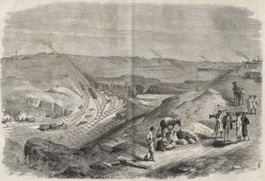 Trabajos en el canal de Suez 1864 - Sitio de construcción y trabajos de perforación en el Canal de Suez en 1864 (Chaluf Tranchee) de Unknown artist