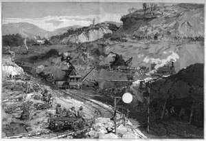 Trabajador en el sitio de la zanja en Bajo Obispo para la construcción del Canal de Panamá. Grabado en "Le Monde Illustré" de Unknown artist