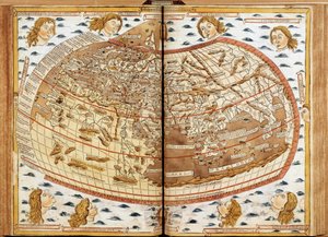 Mapa mundial de Claudio Ptolomeo. Las cabezas humanas soplando aire representan los diferentes vientos (cuyos nombres están indicados). En “Geographia Latina. Beatissimo Patri Paulo Secundo Pontifici Maximo. Donis Nicolaus”. Manuscrito de geografía dedicad de Unknown artist