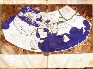 Mapa mundial de Claudio Ptolomeo (90-168 d.C.), astrónomo y astrólogo griego - Representación de la Tierra plana sin los polos Norte y Sur y sin el continente americano - Manuscrito del siglo XV de Unknown artist