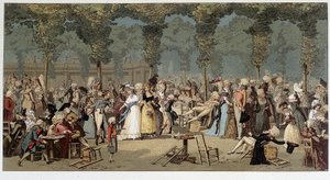 Paseo mundial por los jardines del Palacio Real, finales del siglo XVIII - cromo después del grabado de Debucourt de Unknown artist