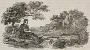 Escritor bajo un árbol frente a un arroyo, ilustración de Teatro universale, Raccolta enciclopedica e scenografica, nº 575, 19 de julio. de Unknown artist
