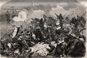 Yori Omo y un ejército samurái repelen la invasión de los mongoles en 1274 liderada por Qubilai (Kubilai Khan, primer emperador de la dinastía mongola Yuan), pero los tifones (kami kaze: viento de los dioses) repelen y vuelcan la flota mongola, salvando a de Unknown artist