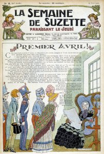 Unos jóvenes visitan a una anciana. Ilustración de portada del periódico "La semaine de Suzette" de marzo de 1926. de Unknown Artist