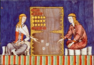 Jóvenes mujeres jugando al tric trac, antecesor del backgammon - Miniatura del manuscrito 