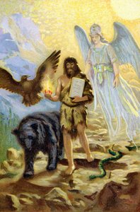Zaratustra, guiado por el Arcángel y acompañado por animales que le harían compañía durante su retiro en la montaña, desciende entre los hombres para llevar las tablas de la ley recibidas por Ahura Mazda de Unknown artist